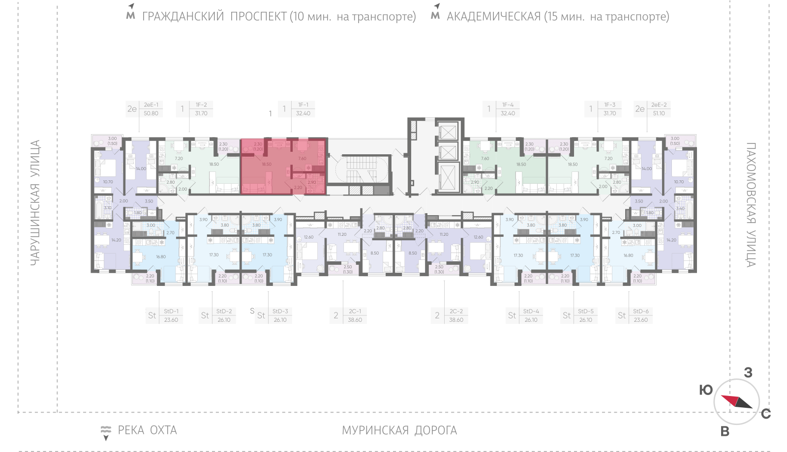 1-комнатная квартира, 32.4 кв.м, ЖК "Цветной город", изображение-2