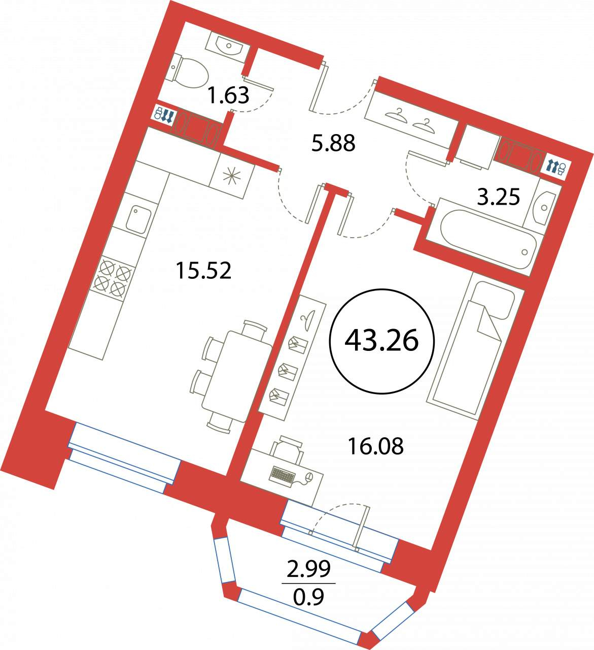 Квартира, 43.26 м²