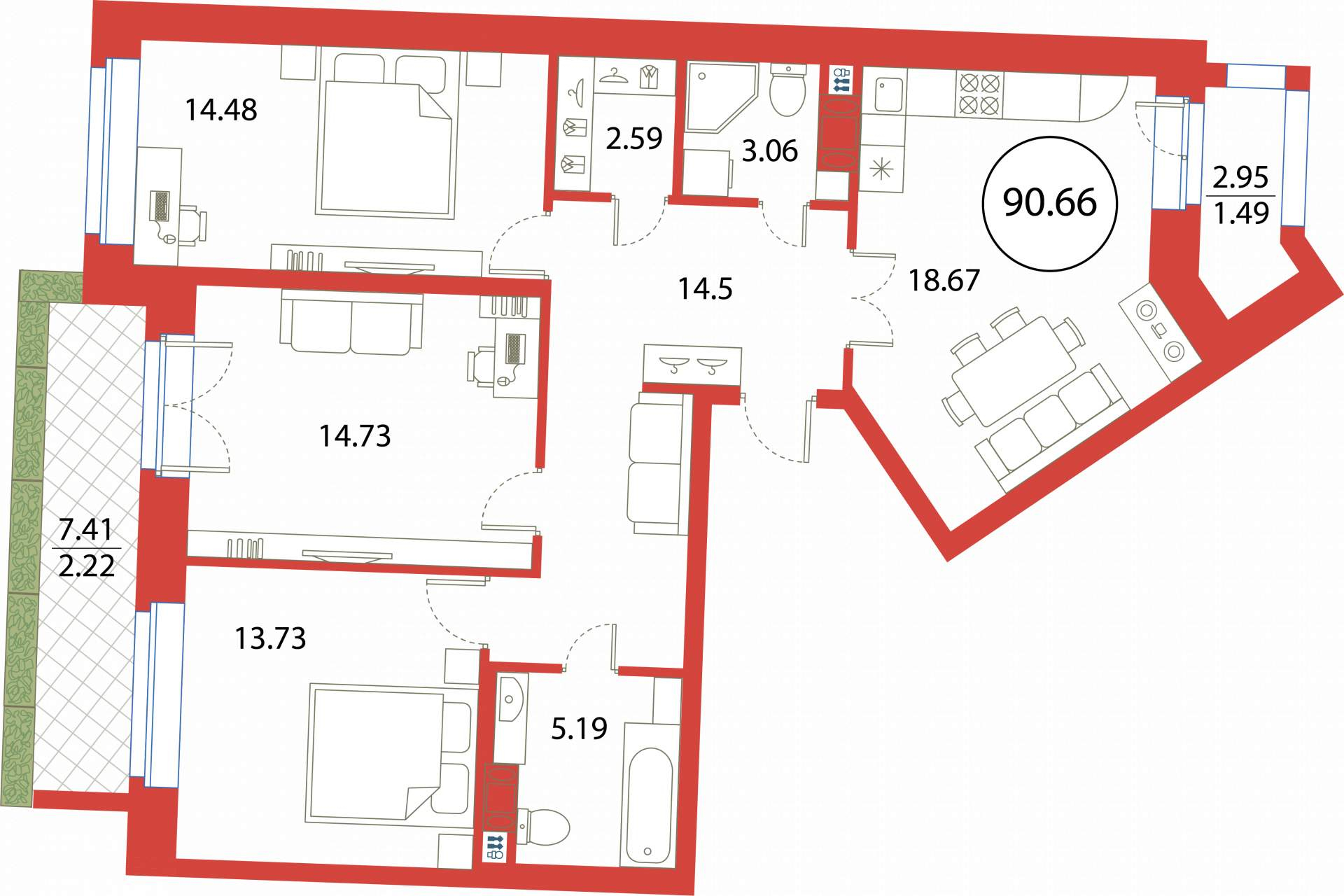 Продажа 3-комнатной новостройки, Санкт-Петербург, Плесецкая улица,  д.2стр1