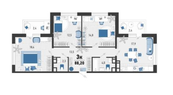 Квартира, 88.2 м²