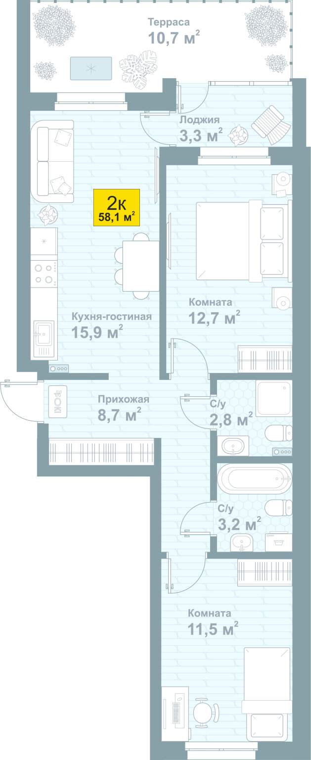 Квартира, 58.1 м²