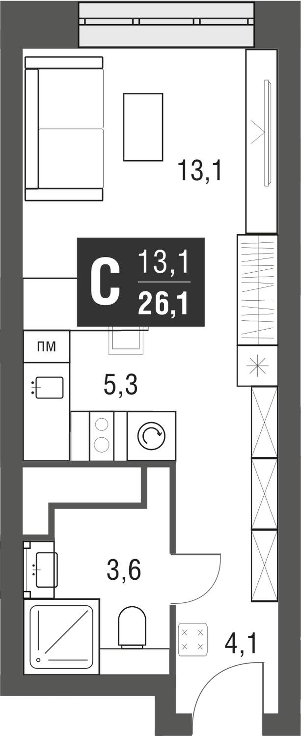 Квартира, 26.1 м²