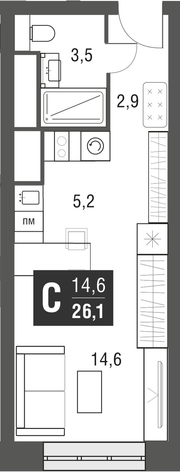 Квартира, 26.1 м²