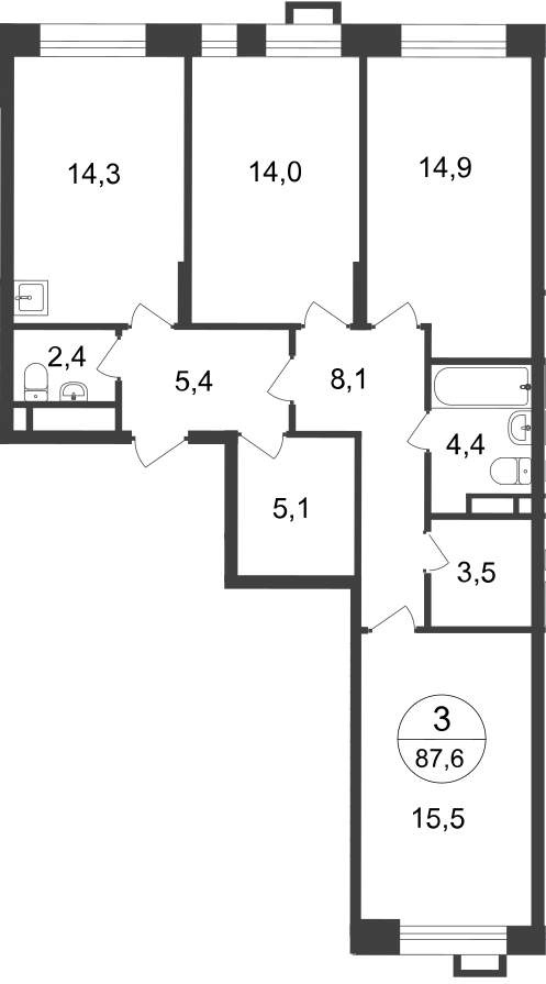 Продажа 3-комнатной новостройки, Московский, 7 фаза,  д.к2